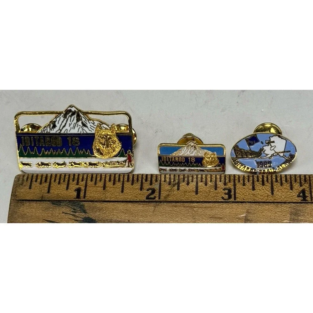 3 VTG Alaska Iditarod 18 Dog Sled Race Enamel Pin Hat Lapel Lot 1989 1990 Rare
